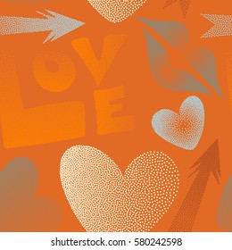 Vector arrow, hearts, kissing lips, love text seamless pattern background in orange and beige colors. Stylized multicolor love elements for print wrapping paper.