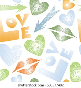 Vector arrow, hearts, kissing lips, love text seamless pattern background in orange, green and yellow colors. Stylized love elements on a white for print wrapping paper.