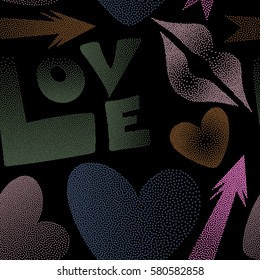 Vector arrow, hearts, kissing lips, love text seamless pattern background in green, brown and pink colors. Stylized love elements on a black for print wrapping paper.