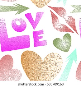 Vector arrow, hearts, kissing lips, love text seamless pattern background in pink, orange and magenta colors. Stylized love elements on a white for print wrapping paper.