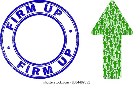 Vector arrow up icon composition is made from scattered recursive arrow up parts. Firm Up unclean blue round seal print. Recursive combination from arrow up icon.