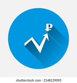 Icono de flecha vectorial y símbolo de rublo en fondo azul. Imagen plana con sombra larga.
