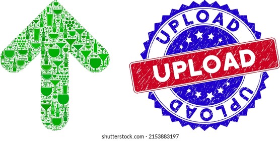 Vector arrow up icon wine collage and grunge bicolor Upload seal. Red and blue bicolored seal with grunge texture and Upload slogan. Arrow up mosaic icon is composed with wine glasses,
