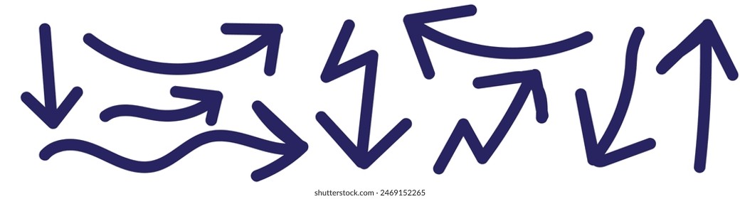 Pfeilsymbole der Vektorgrafik. Handgezeichnete Pfeile Kollektion. Die Pfeile sind auf weißem Hintergrund isoliert. Bluegrunge Hand gezeichnete Pfeile.