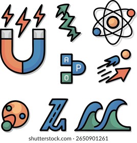 Vector arrow icons, Stylized science-themed icons, are depicted on a white background.