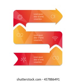 Vector arrow infographic diagram. Isolated connected chart template with 3 separate parts. Paper progress steps for tutorial with three options. Concept of sequence banner. EPS10 layout.