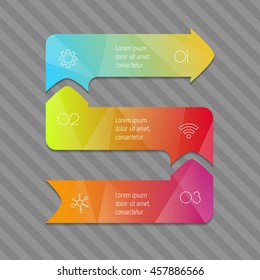 Vector arrow infographic diagram. Isolated connected chart template with 3 separate parts. Paper progress steps for tutorial with three options. Concept of sequence banner. EPS10 layout.
