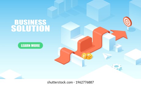 Vector of an arrow laid over barriers and leading to a target. Concept of business problem solving.