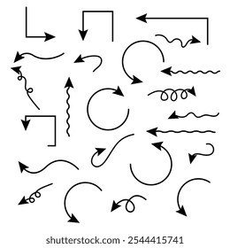 Vector arrow line doodles isolated on white background,Set of vector arrows,Collection of black curved vector pointers pointing in different directions, Doodle arrow set