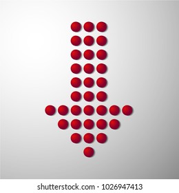 Vector arrow made of red spheres on white background. Icon loading, decline, crisis.