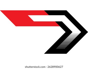 Vector arrow, red and black on white. Strict vector design element. Sport racing pattern. Direction indicator, navigation. for auto, moto, boat, sports car and toy. Vector background. Place for text