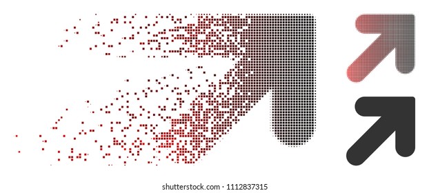 Vector arrow up right icon in fractured, dotted halftone and undamaged entire variants. Disappearing effect uses rectangle sparks and horizontal gradient from red to black.