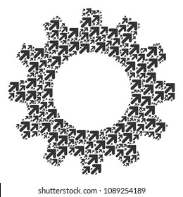 Vector arrow up right icons are combined into cogwheel collage. Mechanical design concept constructed with arrow up right pictograms.