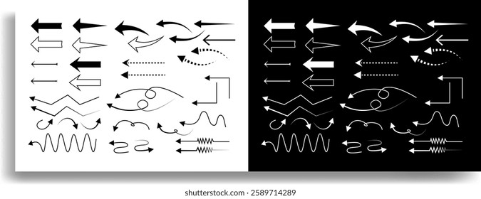 Vector arrow set bundle with straight, curved, wavy, zigzag, dashed, looped styles in black and white.