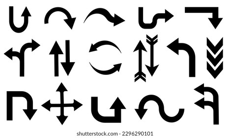 Vector arrow set collection design. Arrows icon, and black flat arrows and pointers isolated on white background. Bended arrow, turning, zig zag, crossroads