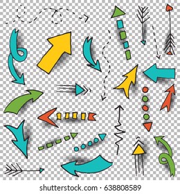 Vector arrow set. Hand drawn sketch with different size arrows on transparent background. Easy to use and modify illustrations with realistic shadows