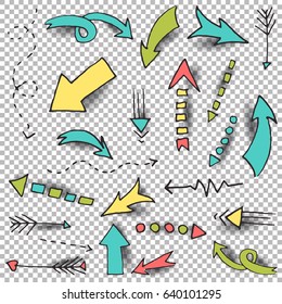 Vector arrow set. Hand drawn sketch with different size arrows on transparent background. Easy to use and modify illustrations with realistic shadows