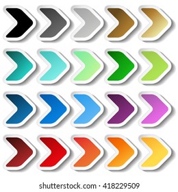 Vector arrow stickers. Black, grey, silver, dark, golden, cyan, turquoise, blue, green, purple, red, orange and yellow label with white outline. Simple buttons.
