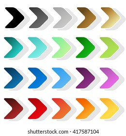 Vector arrow symbols. Black, grey, silver, dark, golden, cyan, turquoise, blue, green, purple, red, orange and yellow label. Simple arrow buttons. Sign of next, read more, play, go etc.
