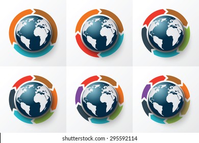 Vector arrows around the Earth for infographic. Template for cycle diagram, graph, presentation and round chart. Business concept with 3, 4, 5, 6, 7 and 8 options, parts, steps or processes. 