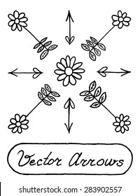 Vector Arrows Black and White Flowers, Straight and Round. Set of Signs Illustration with Text Lettering Label. Daisy arrows.