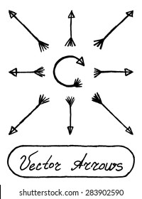 Vector Arrows Black and White, Straight and Round. Set of Signs Illustration with Text Lettering Label. Aboriginal ancient arrows.