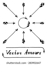 Vector Arrows Black and White, Straight and Round. Set of Signs Illustration with Text Lettering Label. Ancient made of stone arrows.
