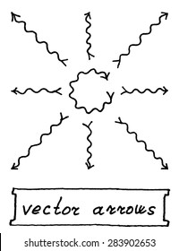 Vector Arrows Black and White, Straight and Round. Set of Signs Illustration with Text Lettering Label. Wavy arrows.