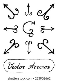 Vector Arrows Black and White, Straight and Round. Set of Signs Illustration with Text Lettering Label. Swirl Arrows.