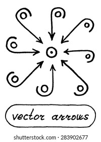 Vector Arrows Black and White, Straight and Round. Set of Signs Illustration with Text Lettering Label. Swirl Arrows.