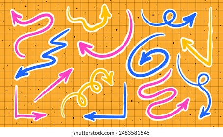 Flechas de Vector en colores brillantes sobre papel rasgado en estilo de cómic. Conjunto de flechas en diferentes direcciones sobre un fondo amarillo. Dibujado a mano de moda doodles flecha