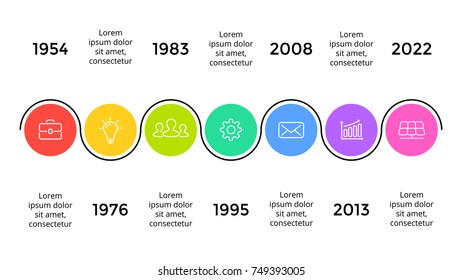 Vector arrows circles timeline infographic, diagram chart, graph presentation. Business progress infographics concept with 7 options, parts, steps, processes.