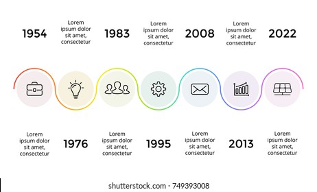 Vector arrows circles timeline infographic, diagram chart, graph presentation. Business progress infographics concept with 7 options, parts, steps, processes.