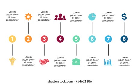 Vector arrows circles timeline infographic, diagram chart, graph presentation. Business progress concept with 8 options, parts, steps, processes.