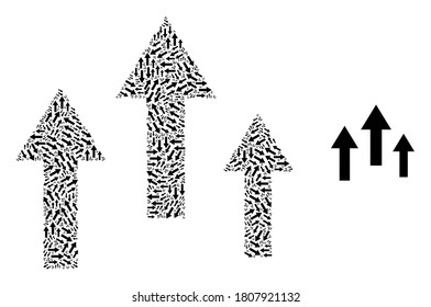 Vector up arrows collage is created from random recursive up arrows elements. Recursive composition of up arrows.