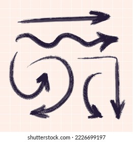 Vector arrows in different directions drawn with a brush by hand. Against the background of a checkered notebook.
