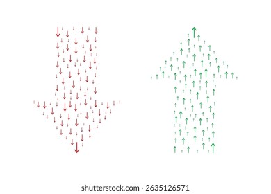 Setas vetoriais para baixo e para cima, mostrando diminuição e aumento no plano de fundo branco. Isolado em um fundo branco.