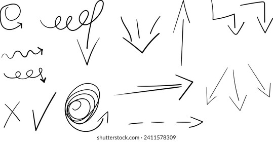 Vector arrows drawn by hand. Doodle arrows. Black arrows. Set of different Doodle arrows.