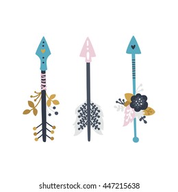 Vector arrows with flowers, feathers, branches and nature elements isolated on white background. Floral arrows Tribal, boho style for design birthday, save the date cards, baby invitations