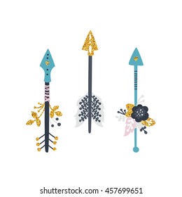 Vector arrows with flowers, feathers, branches and gold elements isolated on white background. Floral arrows Tribal, boho style for design birthday, save the date cards, baby invitations