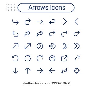 Juego de iconos de flechas de vectores. Juego de iconos de contorno de miniflecha. trazo editable. 24 px. 