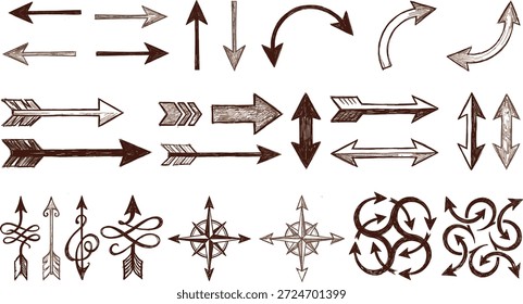 Vector, flechas, iconos, brújula, navegación, puntero, dirección, mano, dibujado, doodle, boceto, tinta, carbón, rústico, elemento, colección, gráfico, decorativo, simple