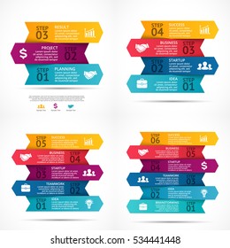 Flechas vectoriales infográficas, diagrama, gráfico de presentación. Concepto de inicio de negocio con 3, 4, 5, 6 opciones, piezas, pasos, procesos. Plantilla de datos de texto gráfico de información. 4 en 1.