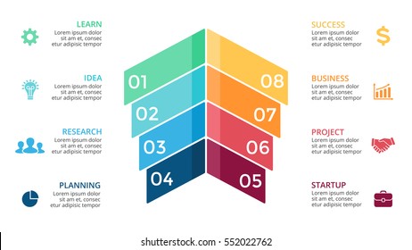 Vector up arrows infographic, diagram chart, graph presentation. Business startup stairs with 8 options, parts, steps, process. Progress, growth info graphic concept. Timeline to success. 16x9 slide