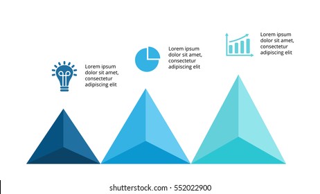 Vector up arrows infographic, diagram chart, triangle graph presentation. Business timeline growth stairs concept with 3 options, parts, steps, process. Abstract blue rock. Successful targeting plan.