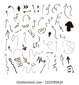 Vector arrows. Infographic elements on isolated white background. Hand drawn simple arrows. Line art. Set of different pointers. Abstract indicators. Black and red illustration. 