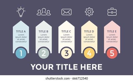 Vector arrows infographic, growth diagram chart, performance graph presentation. Business progress concept with 5 options, parts, steps, processes. 16x9 dark slide template.