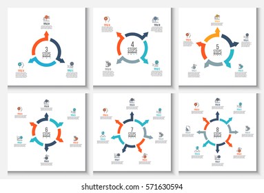 Vector arrows infographic. Template for cycle diagram, graph, presentation and round chart. Business concept with 3, 4, 5, 6, 7 and 8 options, parts, steps or processes. Stroke icons.