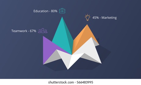 Vector arrows infographics, cycle diagram, triangles graph, presentation pie chart template. 3D crumpled paper. Business infographic concept with 3 options, parts, steps, processes. Dark backgrounds.