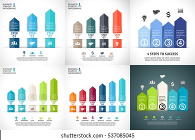 Vector up arrows infographics set, diagram stairs chart, progress graph presentation. Business success startup concept with 3, 4, 5, 6 options, parts, step, process. Financial performance infographic.